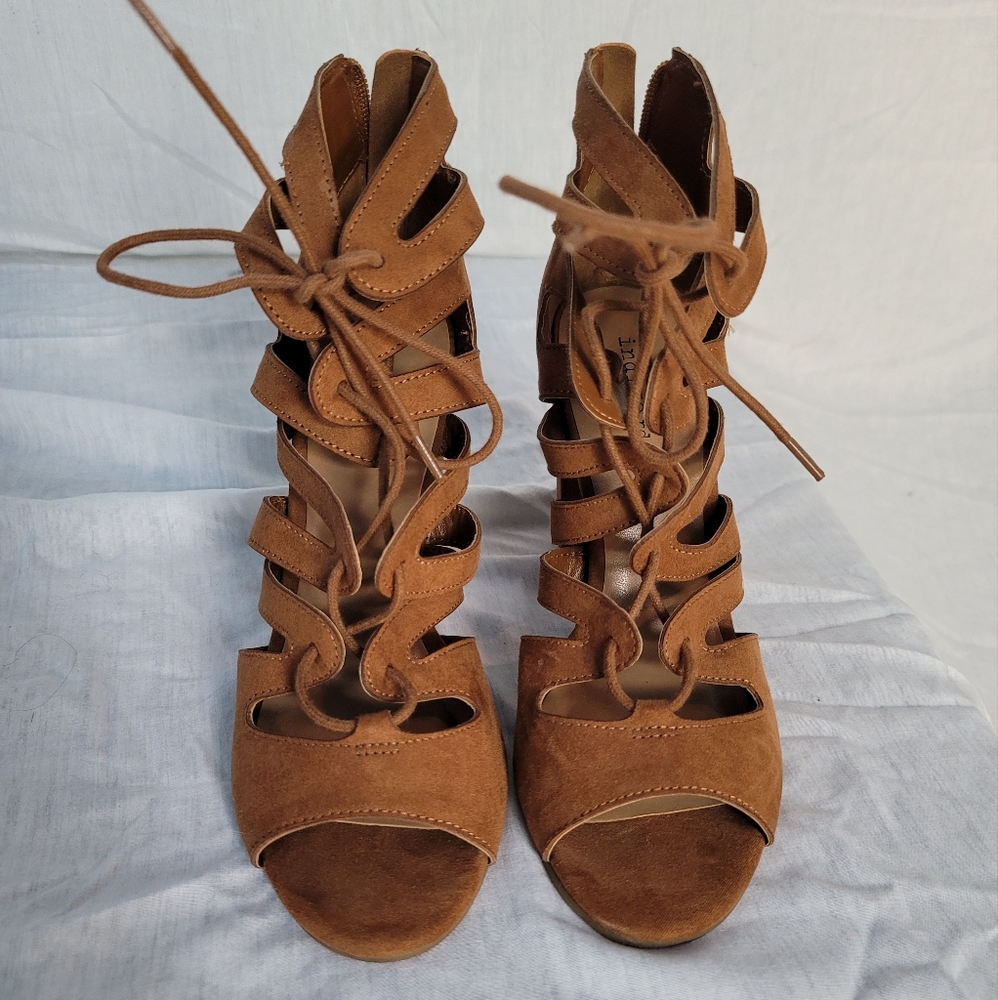 Indigo rd Brown Zip Up Strap Lace Up Wedge Heel Sandal